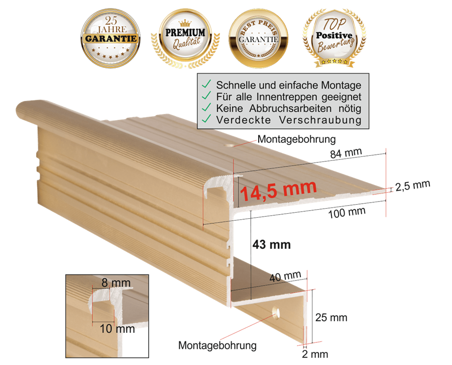 Treppenkantenprofil Stabil 14,5 mm / Aluminium eloxiert in Messing-Sand