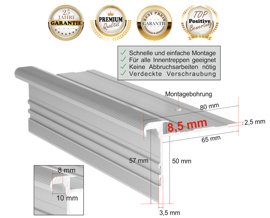 Treppenprofil Standard 8,5 mm / Aluminium in Silber-Natur