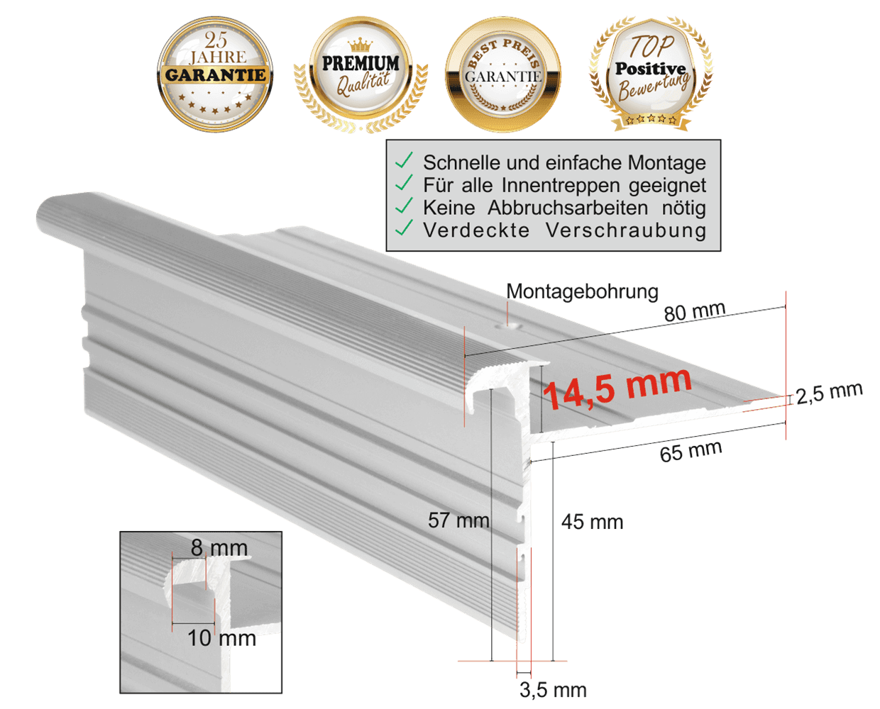 Treppenprofil Standard 14,5 für Parkett und Massivholz bis 14 mm: