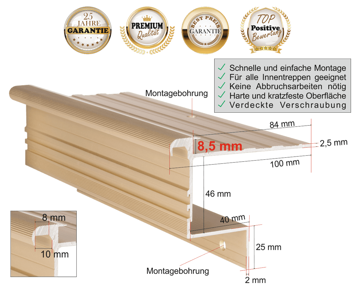 Treppenprofil Stabil 8,5 für Laminat oder Vinyl bis 8 mm: