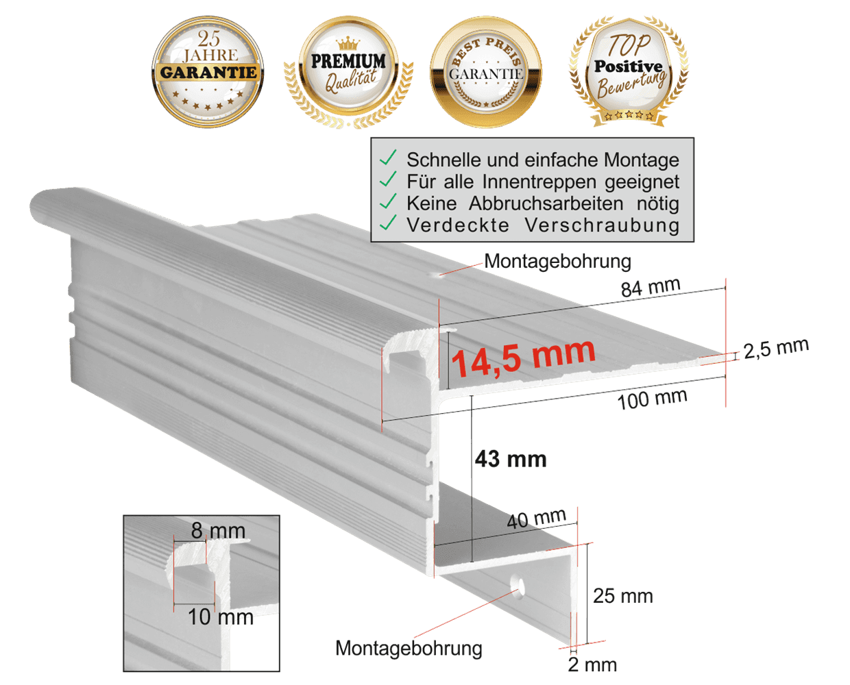 Treppenprofil Stabil 14,5 für Parkett oder Massivholz bis 14 mm: