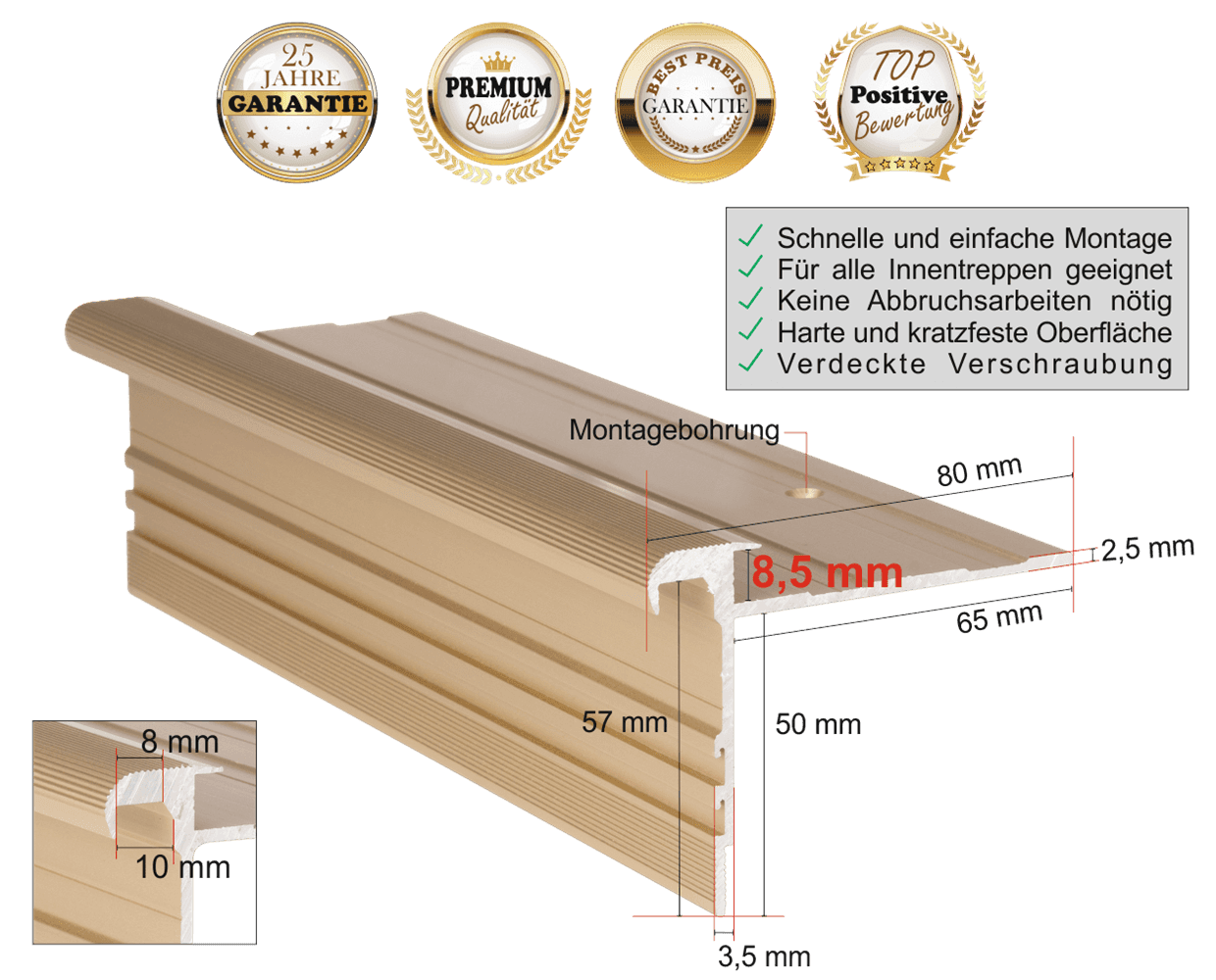 Treppenprofil Standard 8,5 für Laminat und Vinyl bis 8 mm: