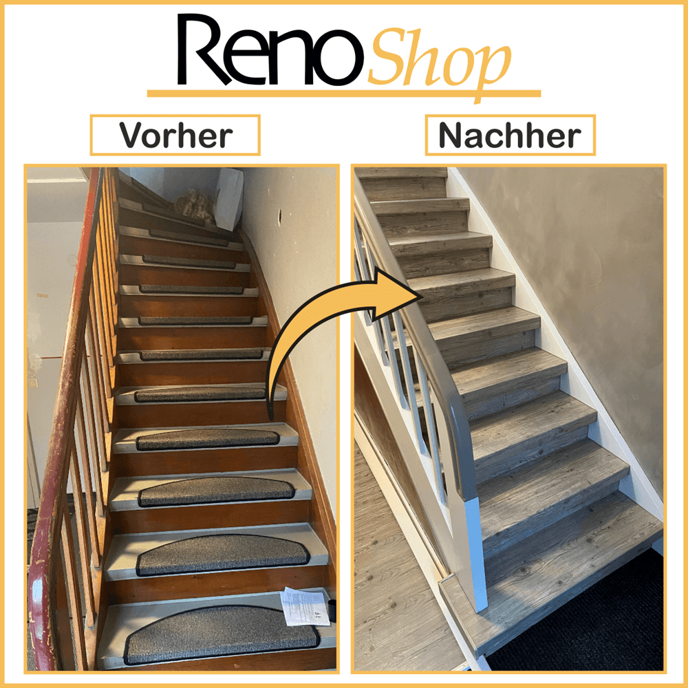 Vorher- Nachher Bilder einer Treppenrenovierung mit Laminatstufen
