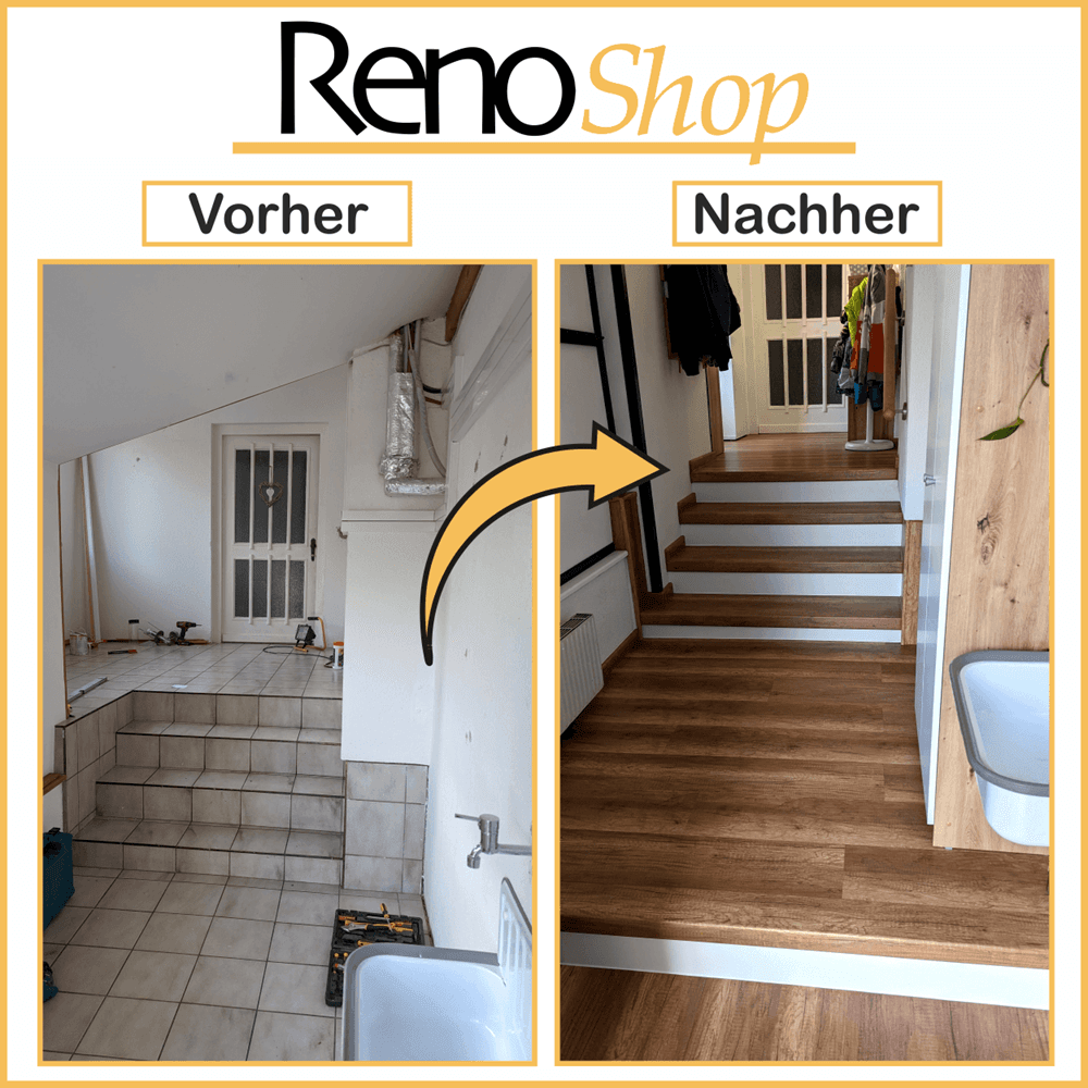 Vorher- Nachher Bilder einer Treppenrenovierung mit Laminatstufen