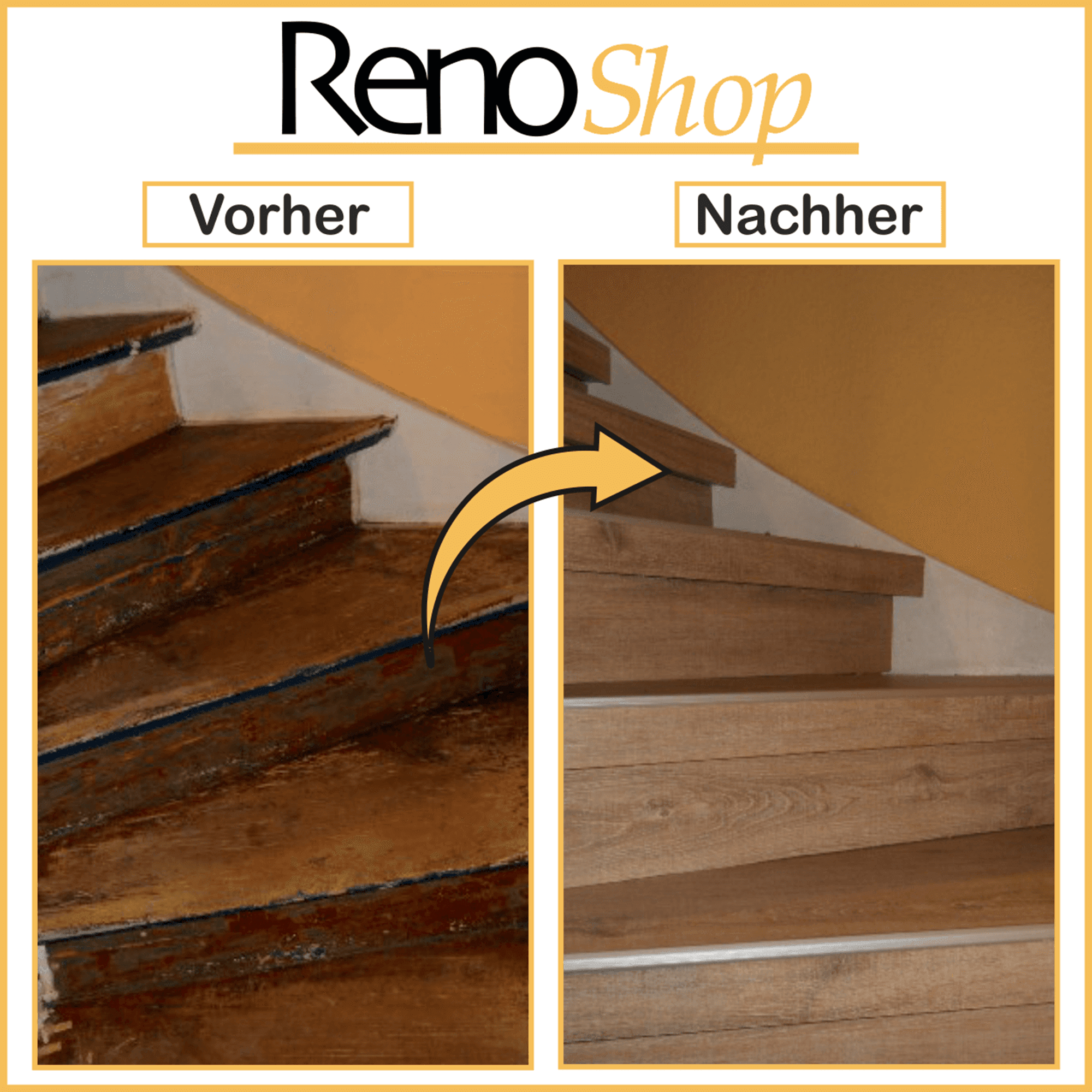 Vorher Nachher Bilder einer mit Parkett verkleideten Treppe