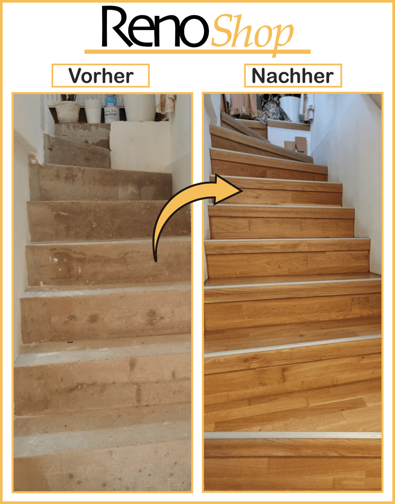 Vorher-Nachher-Bild Betontreppe mit Parkett