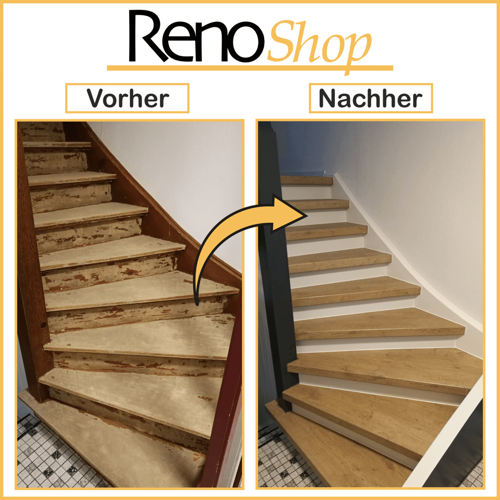 Vorher- Nachher Bilder einer Treppenverkleidung mit Laminatstufen:
