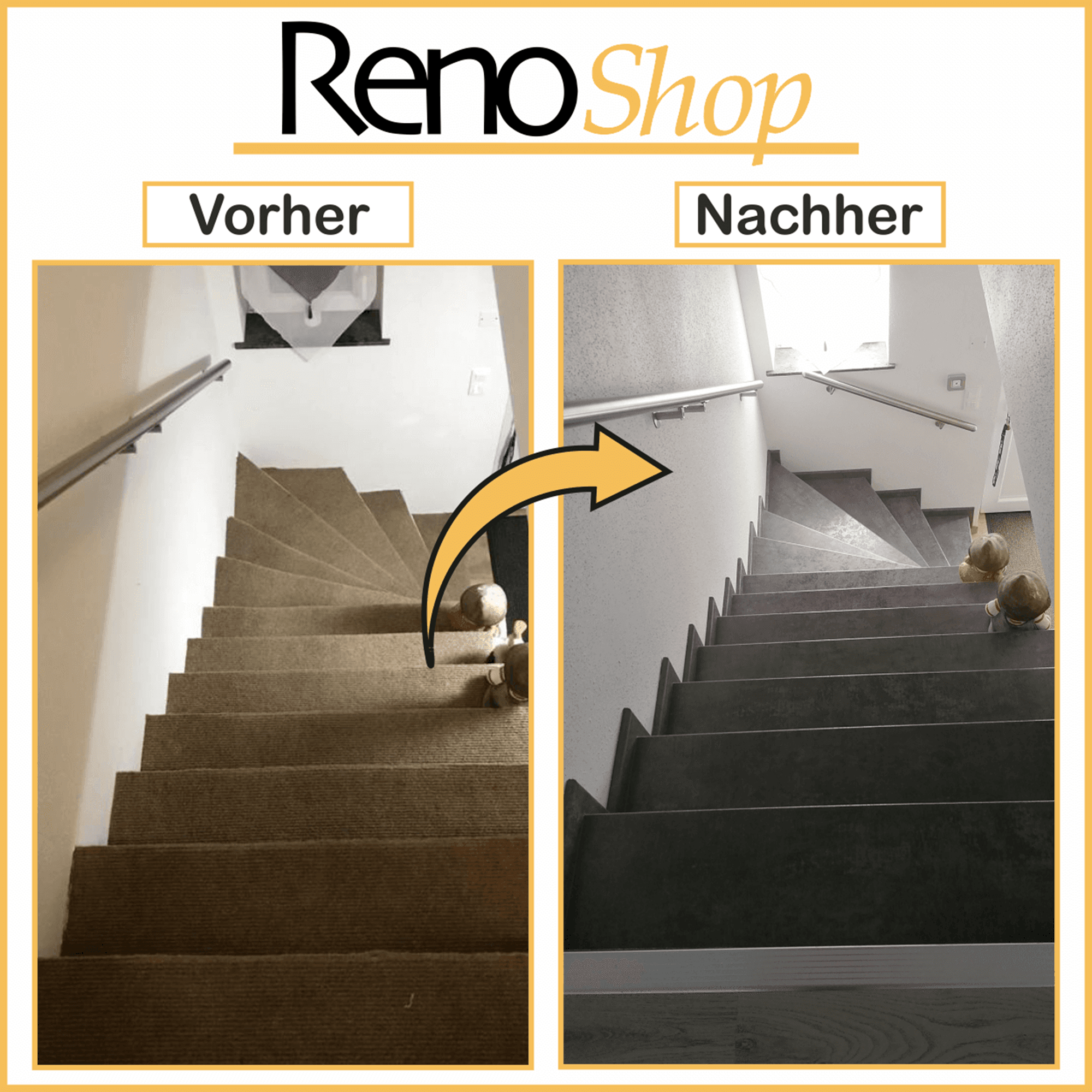 Vorher- Nachher Bilder einer Treppenverkleidung mit Laminatstufen: