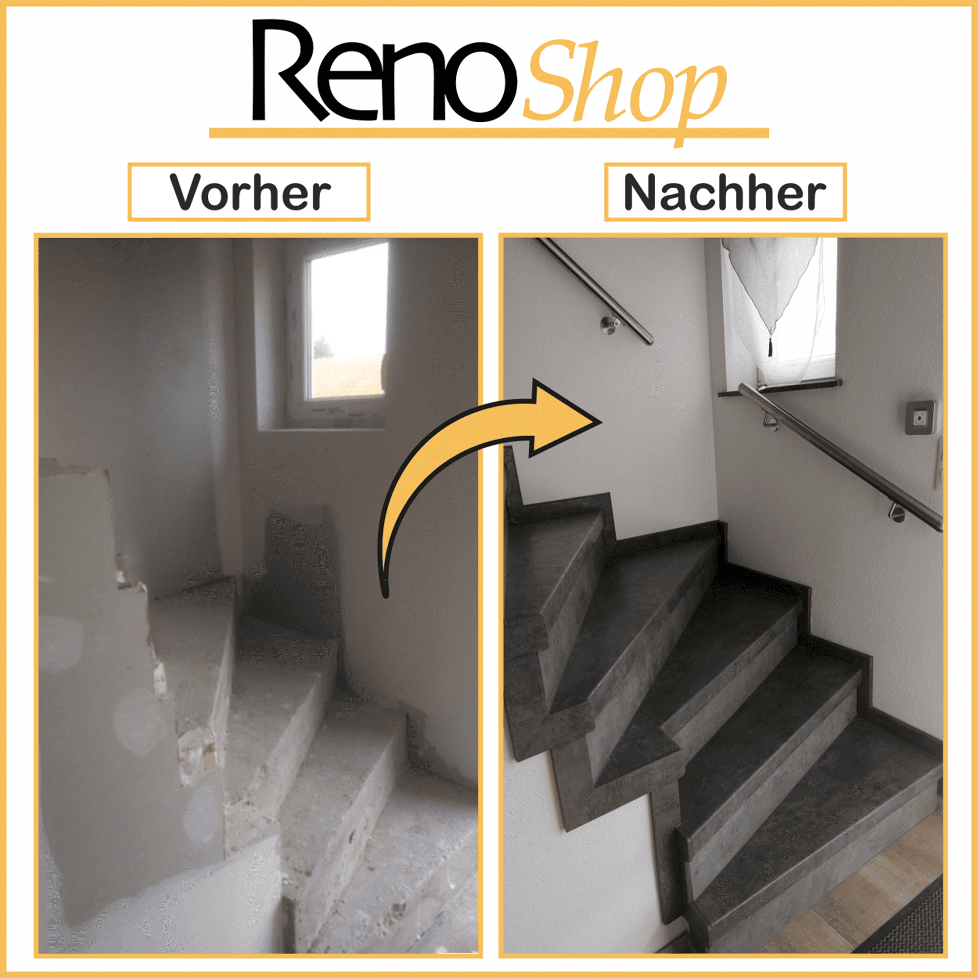 Vorher- Nachher Bilder einer Treppenrenovierung mit Laminatstufen: