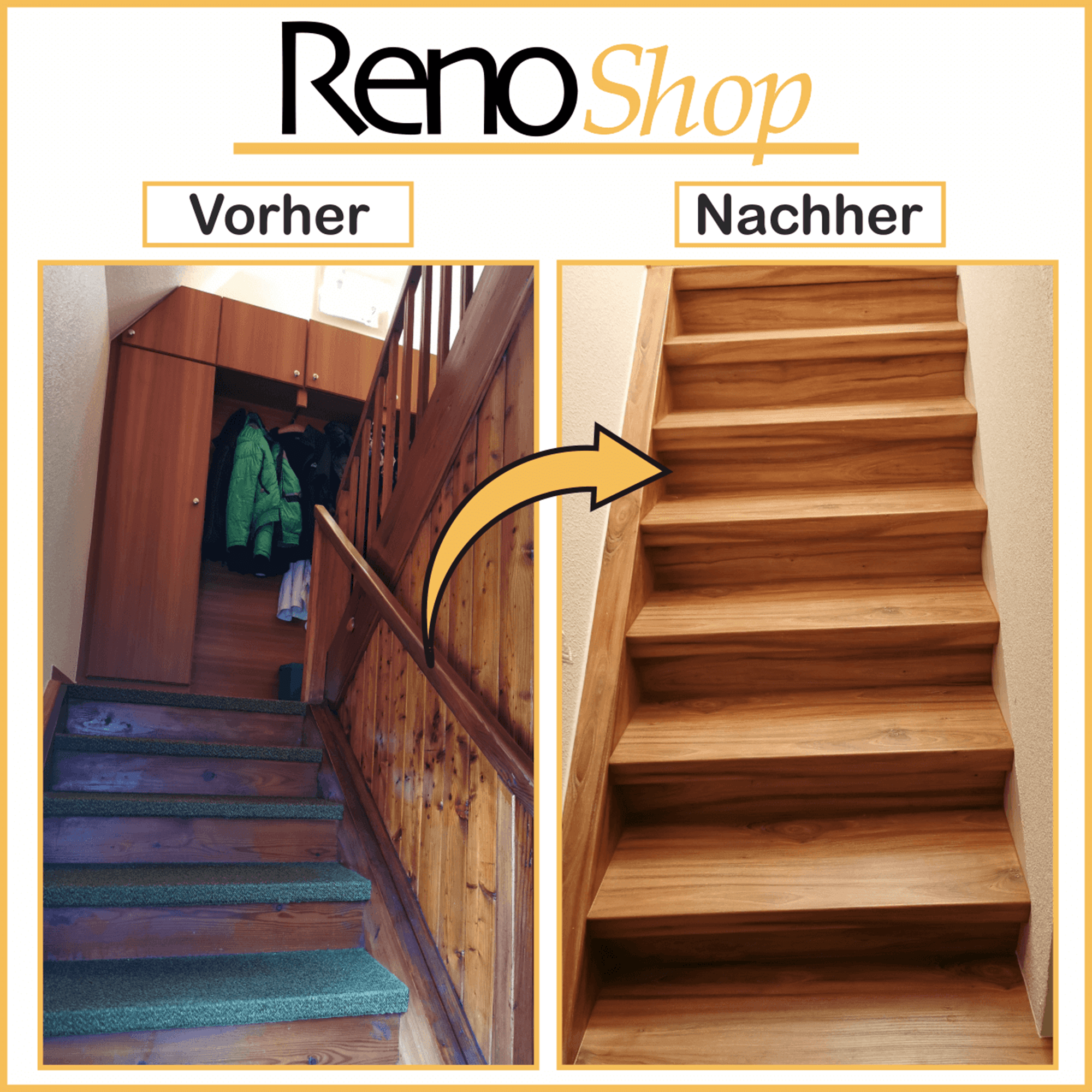 Vorher- Nachher Bilder einer Treppenrenovierung mit Laminatstufen: