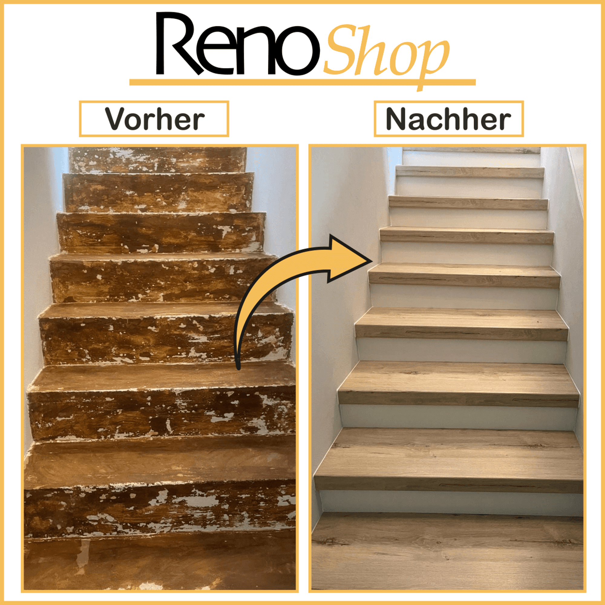 Vorher- Nachher Bilder einer Treppenrenovierung mit Laminatstufen: