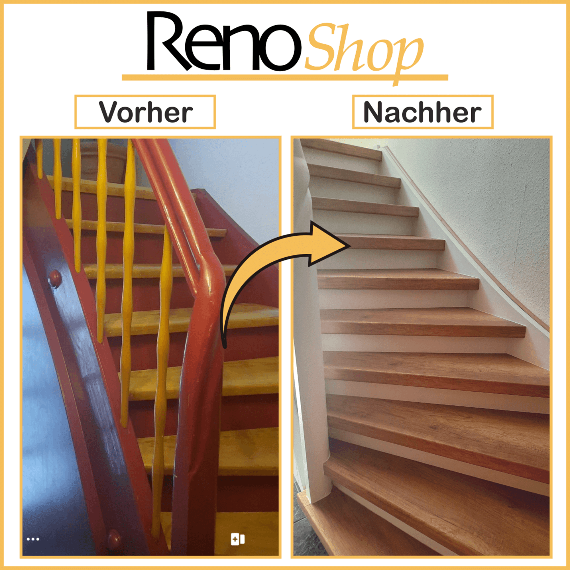 Vorher- Nachher Bilder einer Treppenrenovierung mit Laminatstufen: