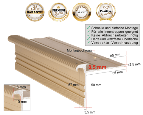 Treppenprofil Standard 8,5 für Laminat und Vinyl bis 8 mm: