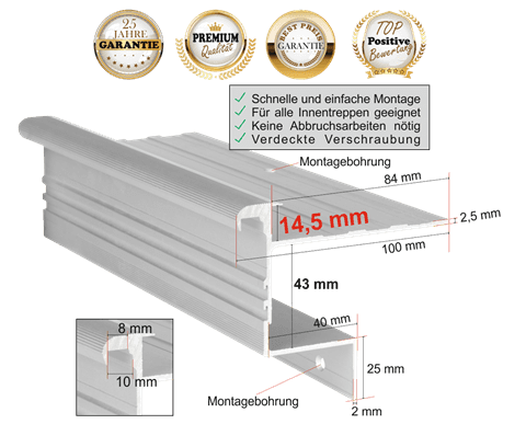 Treppenprofil Stabil 14,5 für Parkett oder Massivholz bis 14 mm: