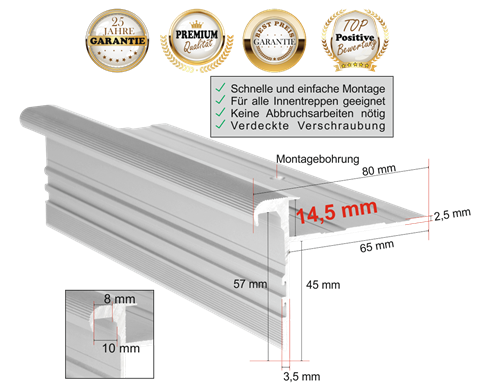 Treppenprofil Standard 14,5 für Parkett und Massivholz bis 14 mm: