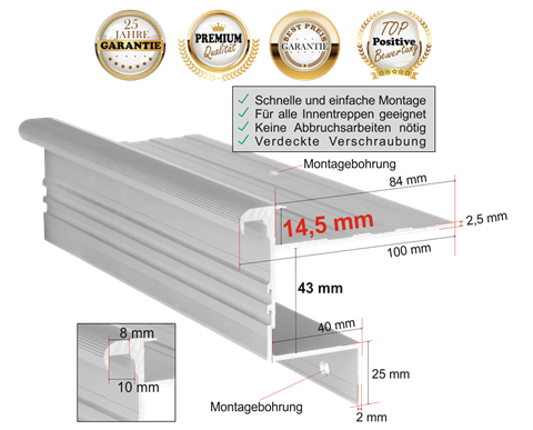 Treppenprofil Stabil 14,5 für Parkett oder Massivholz bis 14 mm: