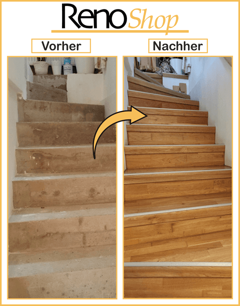 Vorher-Nachher-Bild Betontreppe mit Parkett