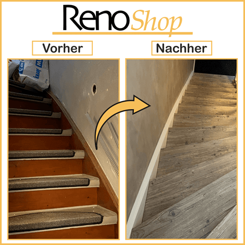 Vorher- Nachher Bilder einer Treppenrenovierung mit Laminatstufen: