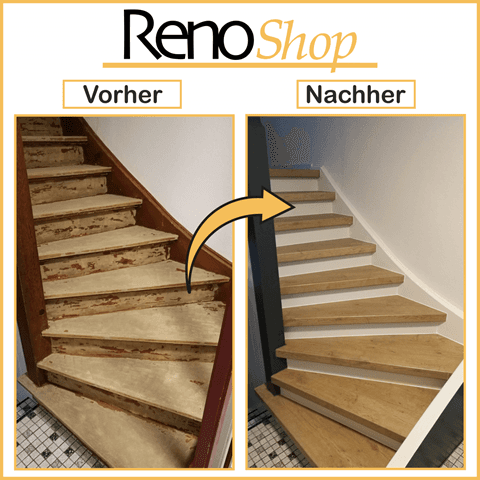 Vorher- Nachher Bilder einer Treppenverkleidung mit Laminatstufen: