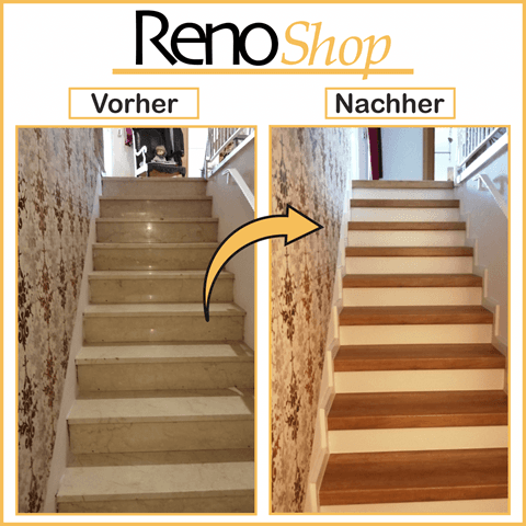 Vorher- Nachher Bilder einer Treppenrenovierung mit Laminatstufen: