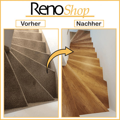 Vorher- Nachher Bilder einer Treppenrenovierung mit Laminatstufen: