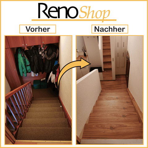 Vorher- Nachher Bilder einer Treppenrenovierung mit Laminatstufen: