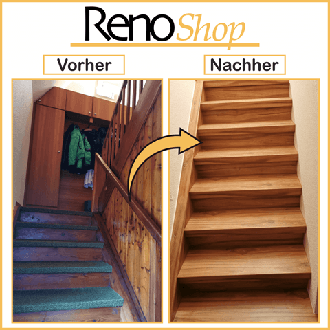 Vorher- Nachher Bilder einer Treppenrenovierung mit Laminatstufen: