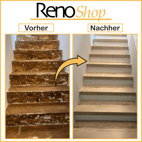 Vorher- Nachher Bilder einer Treppenrenovierung mit Laminatstufen: