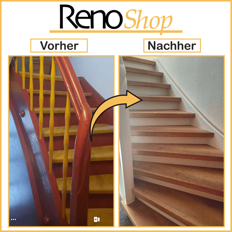Vorher- Nachher Bilder einer Treppenrenovierung mit Laminatstufen: