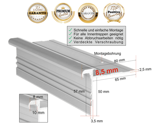 Treppenprofil Standard 8,5 mm in Silber-Natur