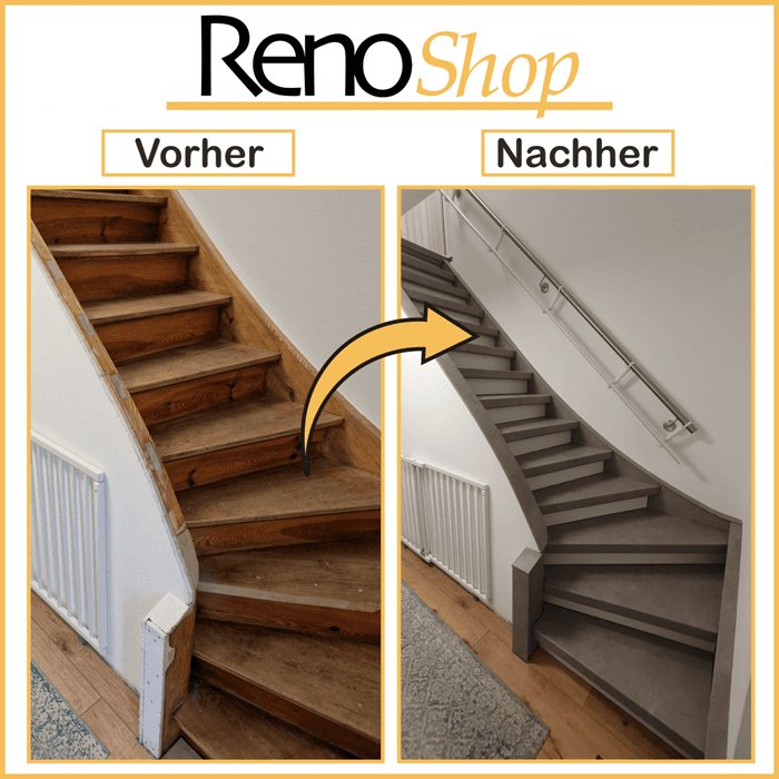 Vorher- Nachher Bilder einer Treppenrenovierung mit Laminatstufen: