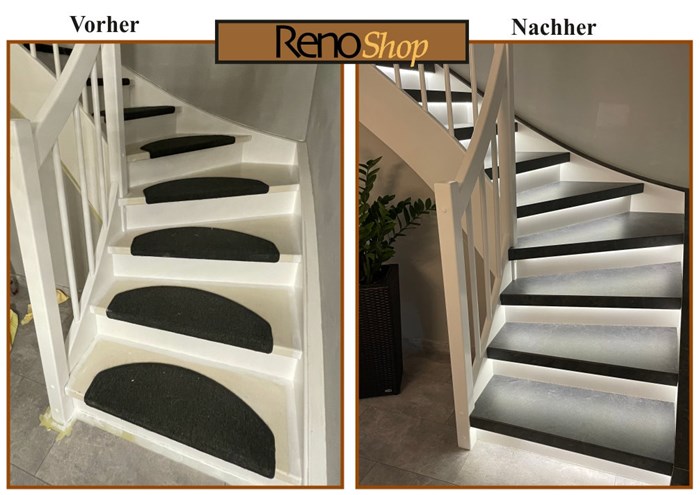 Vorher- Nachher Bilder einer Treppenrenovierung mit Laminatstufen: