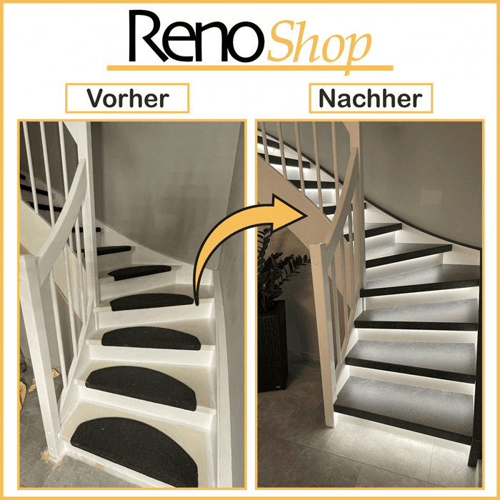 Vorher- Nachher Bilder einer Treppenrenovierung mit Laminatstufen: