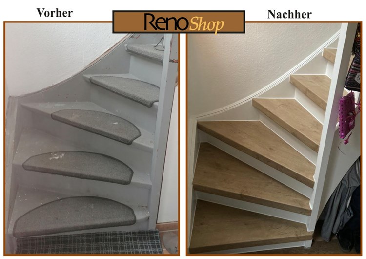 Vorher- Nachher Bilder einer Treppenrenovierung mit Laminatstufen: