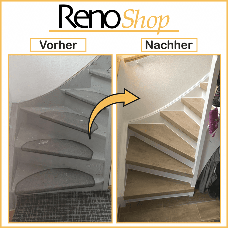 Vorher- Nachher Bilder einer Treppenrenovierung mit Laminatstufen: