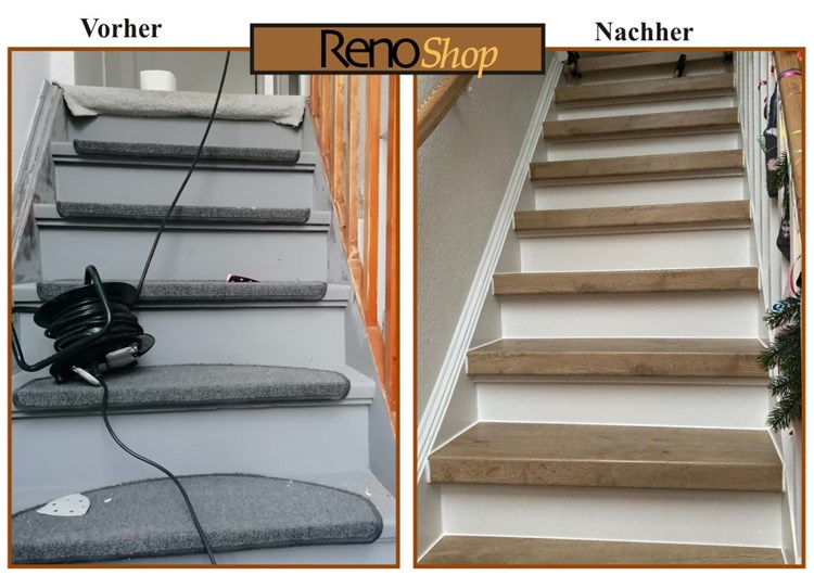 Vorher- Nachher Bilder einer Treppenrenovierung mit Laminatstufen: