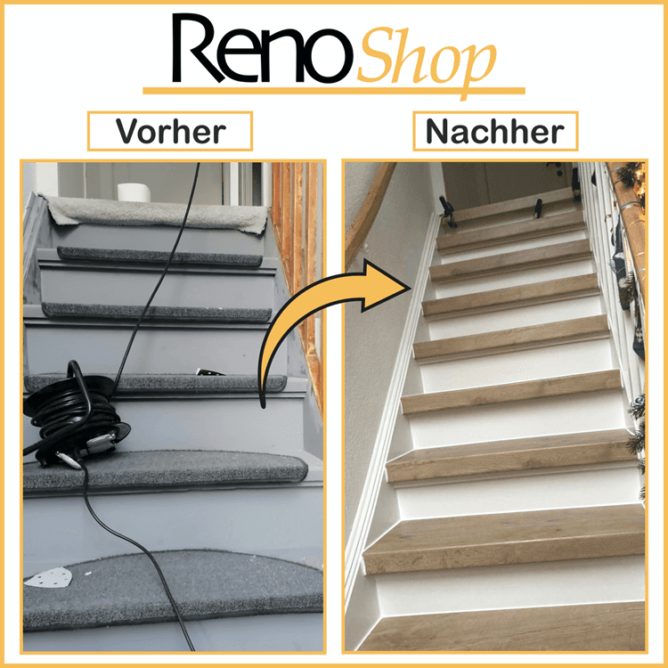 Vorher- Nachher Bilder einer Treppenrenovierung mit Laminatstufen: