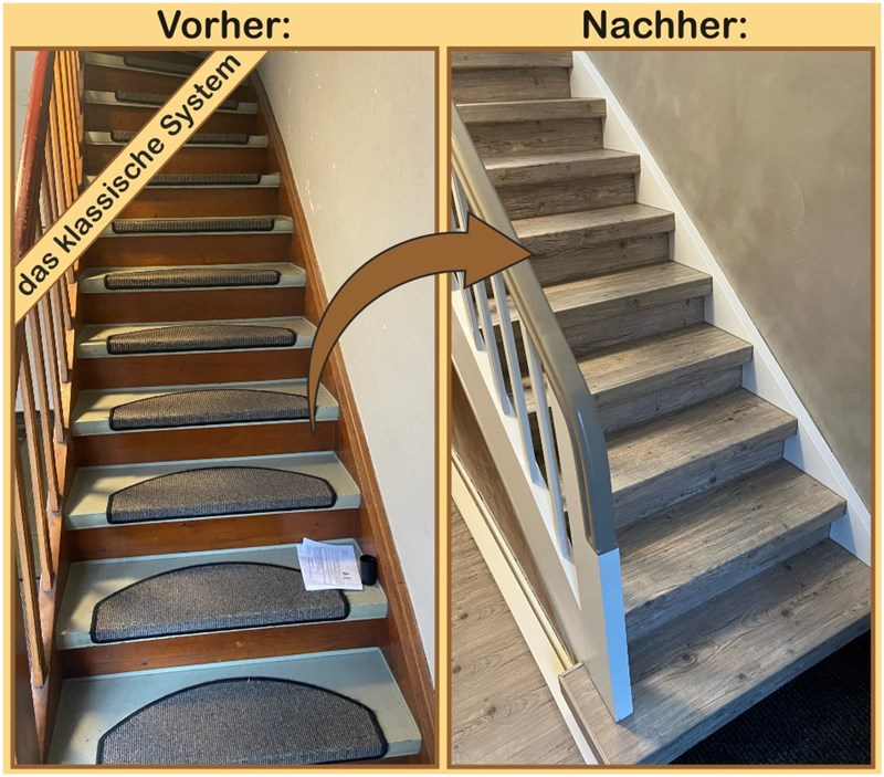 Vorher- Nachher Bilder einer Treppenrenovierung mit Laminatstufen