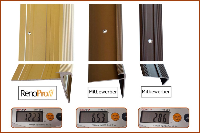 Vergleich unseres STANDARD Treppenprofils mit 2 Konkurrenzprodukten: