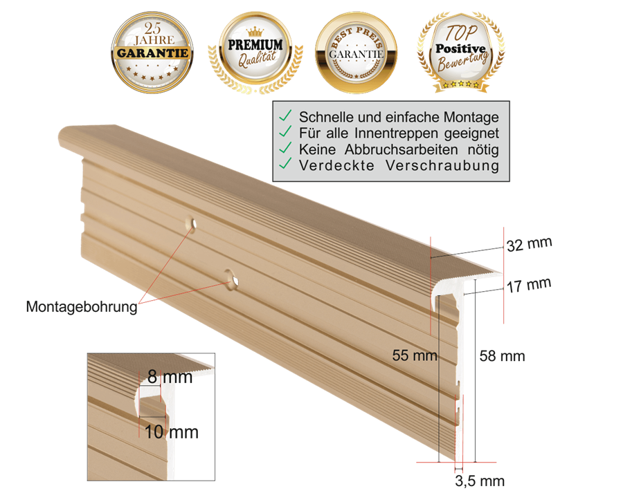 Treppenkantenpofil Multiversal 32 / Aluminium in Messing-Sand