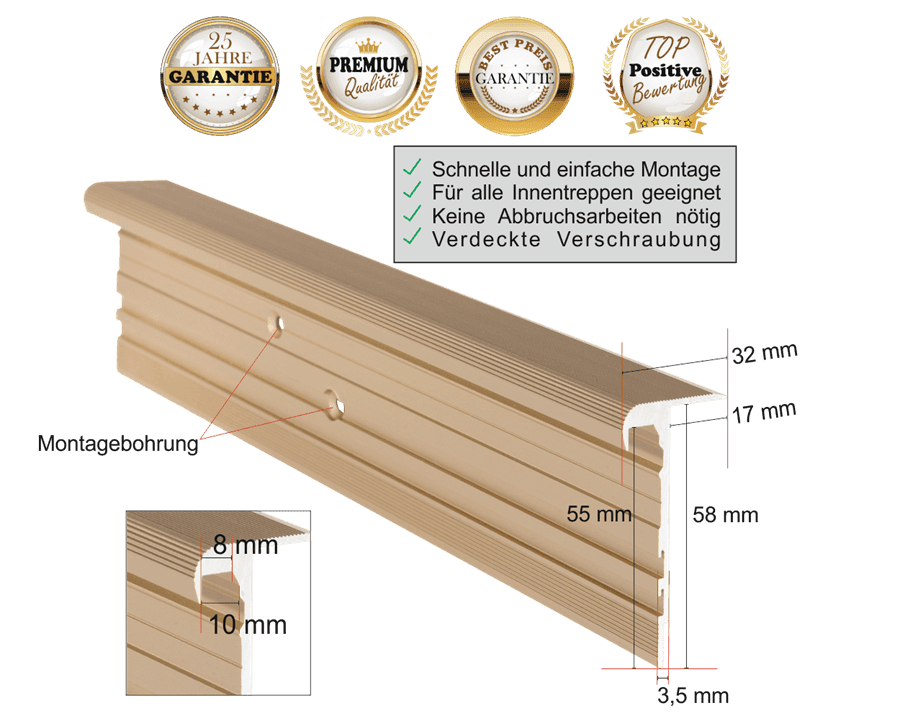 Treppenkantenpofil Multiversal in Messing-Sand