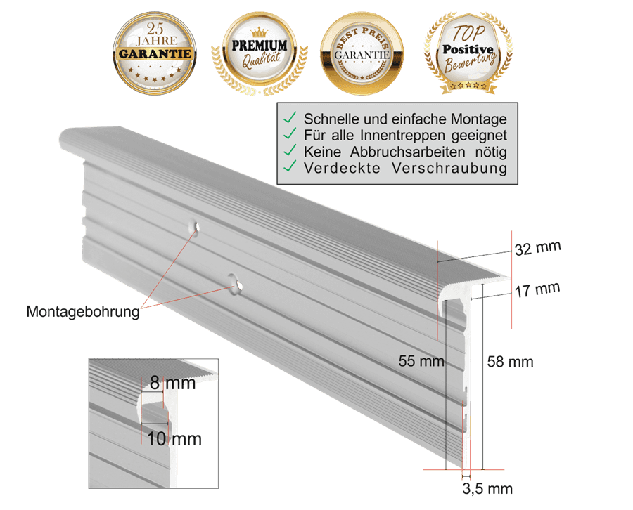 Treppenprofil Multiversal 32 / Aluminium in Silber-Natur