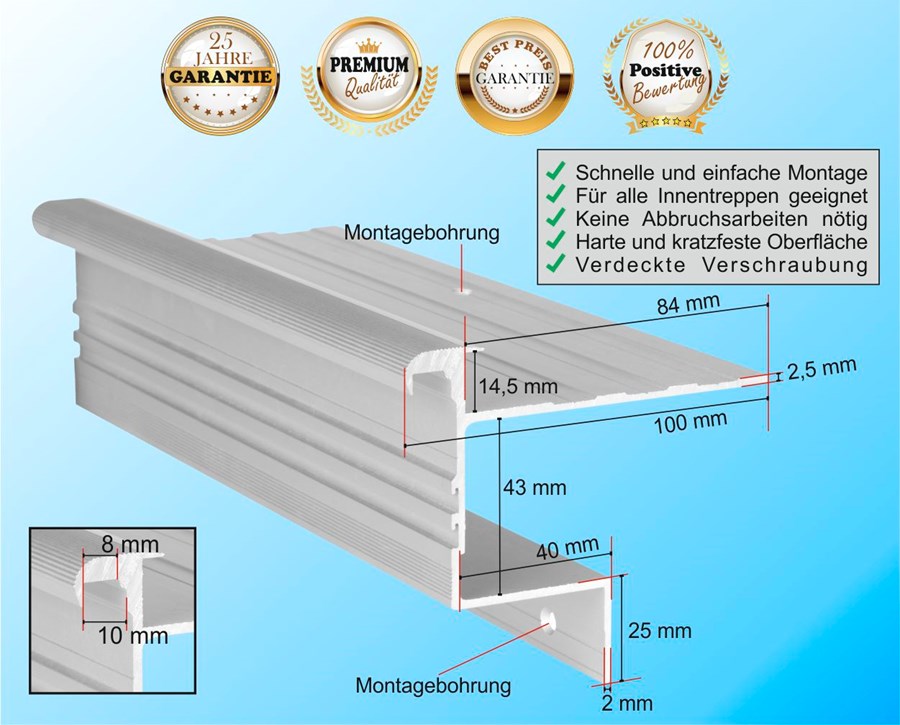 Treppenprofil Stabil 14,5 mm / Aluminium eloxiert in Silber-Natur