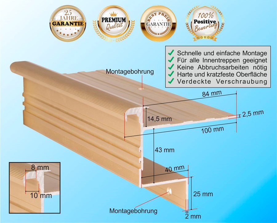 Treppenkantenprofil Stabil 14,5 mm / Aluminium eloxiert in Messing-Sand