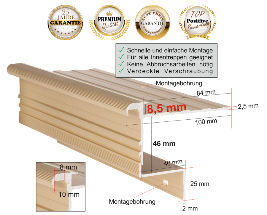 Treppenkantenprofil Stabil 8,5 mm / Aluminium eloxiert in Messing-Sand