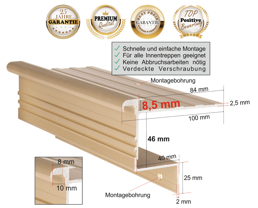 Treppenkantenprofil Stabil 8,5 mm eloxiert in Messing-Sand