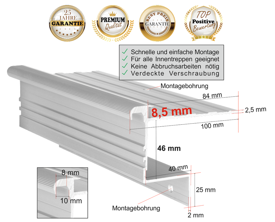 Treppenprofil Stabil 8,5 mm / Aluminium eloxiert in Silber-Natur