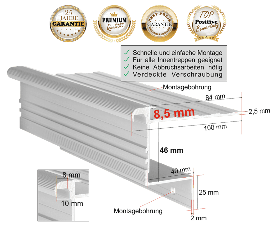 Treppenprofil Stabil 8,5 mm eloxiert in Silber-Natur