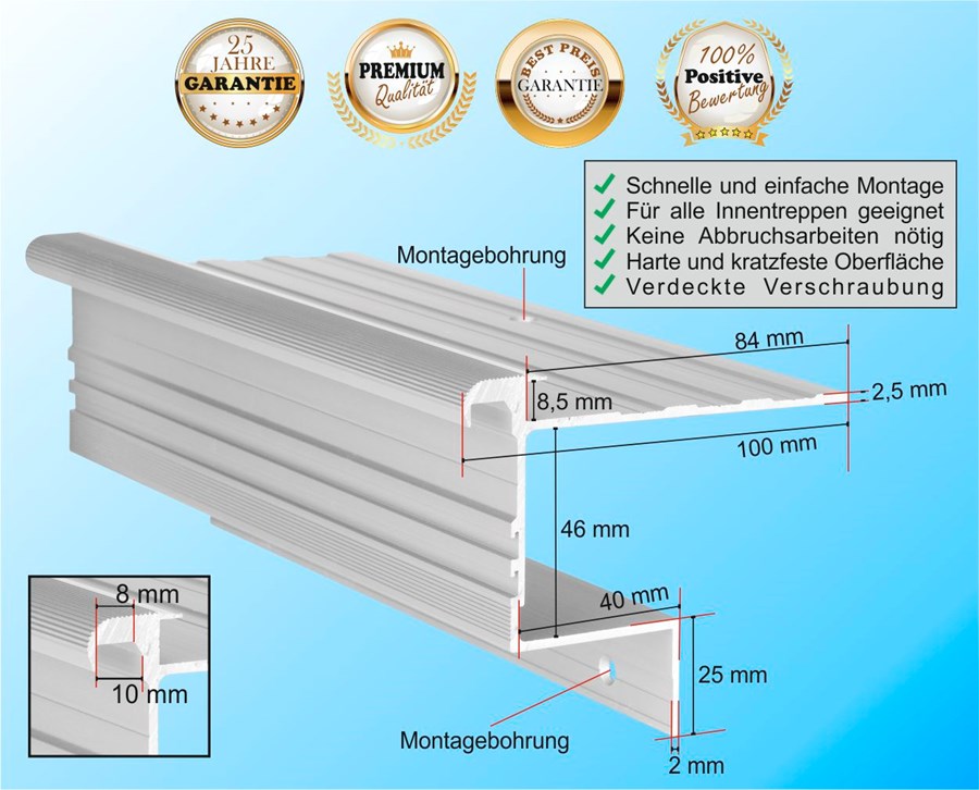 Treppenkantenprofil Stabil 8,5 mm / Aluminium eloxiert in Silber-Natur