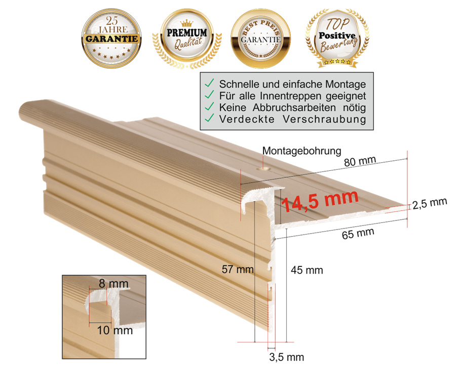 Treppenprofil Standard 14,5 mm / Aluminium in Messing-Sand